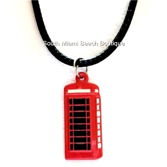 London England UK Phone Booth Box Necklace Red Charm Black Cord Enamel Britain - Picture 1 of 7